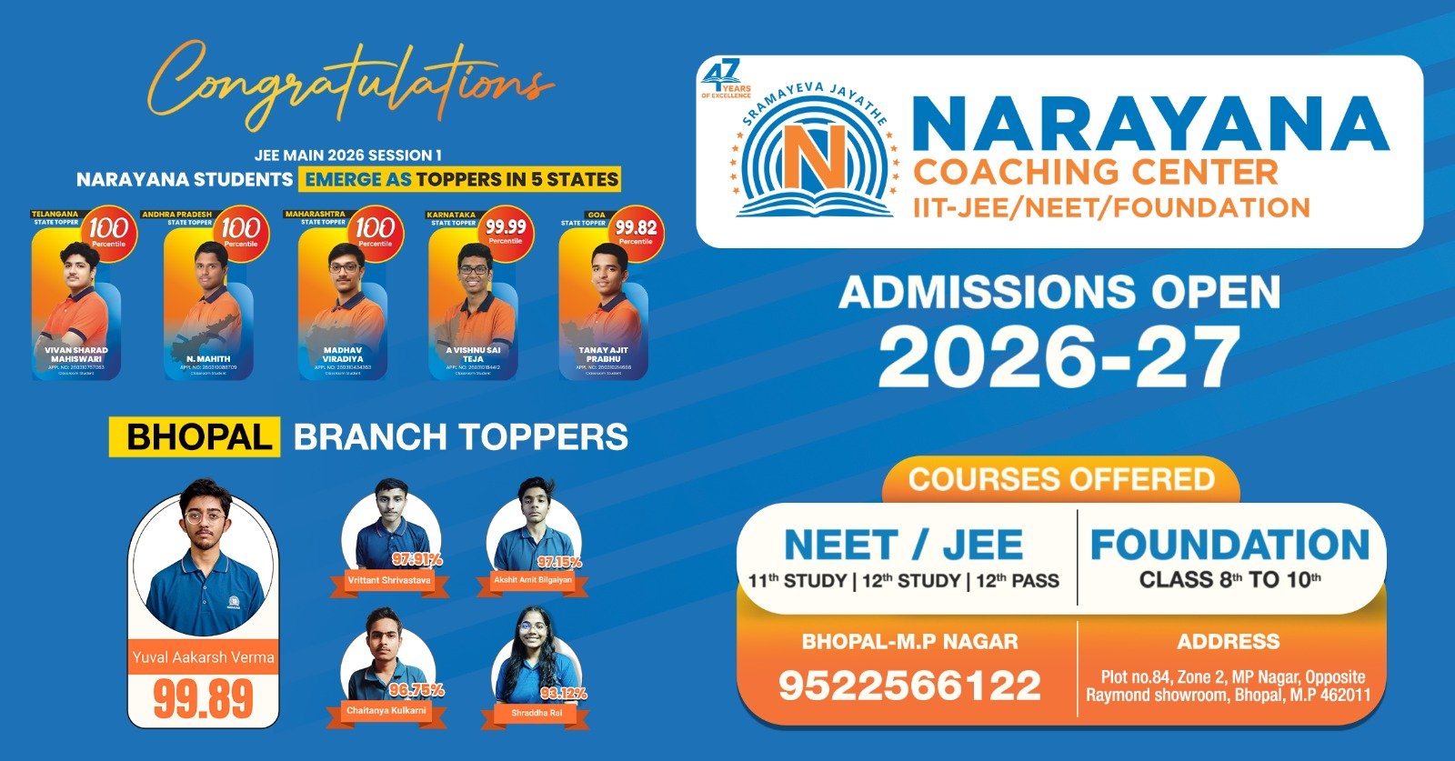 Narayana Coaching Center - JEE Main 2026 Toppers, Admissions Open 2026-27, Bhopal Branch